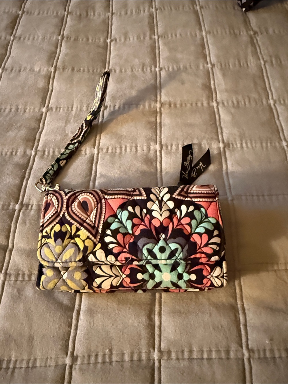 Vera Bradley Quilted Wristlet in Black, Pink, Mint & Yellow